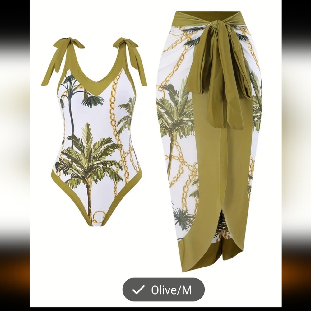 Olive Tropical Palm Print  One Piece Swimsuit With Matching Wrap Skirt